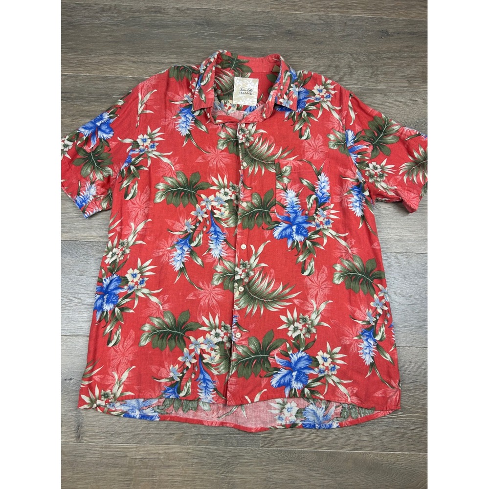Tasso Elba Island Mens XL Red Silk Linen Tropical Floral Hawaiian Shirt S/S